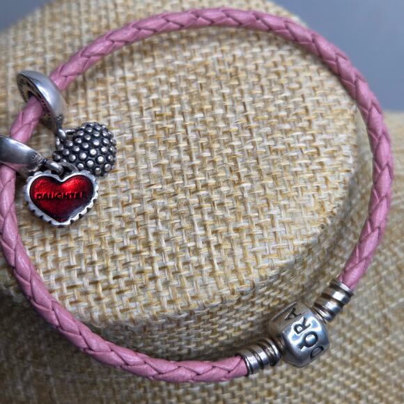 Pandora Sterling Silver & Pink Braided Leather w/ 2 Charms 7.5" - Picture 1 of 8